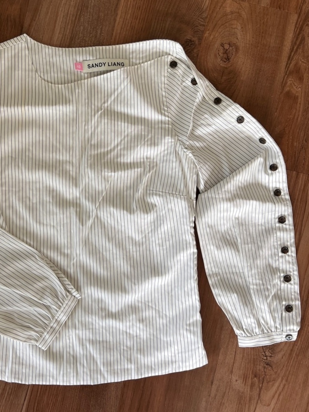 Sandy Liang White Pinstripe Button-Sleeve Blouse